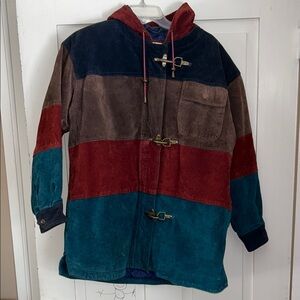 1980’s Vintage Colorblock Leather Suede Fireman Coat Hoodie Metal Clasps…